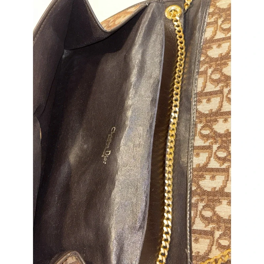 Dior Monogram Trotter Beige Brown Clutch Bag Gold Chain Shoulder Bag
